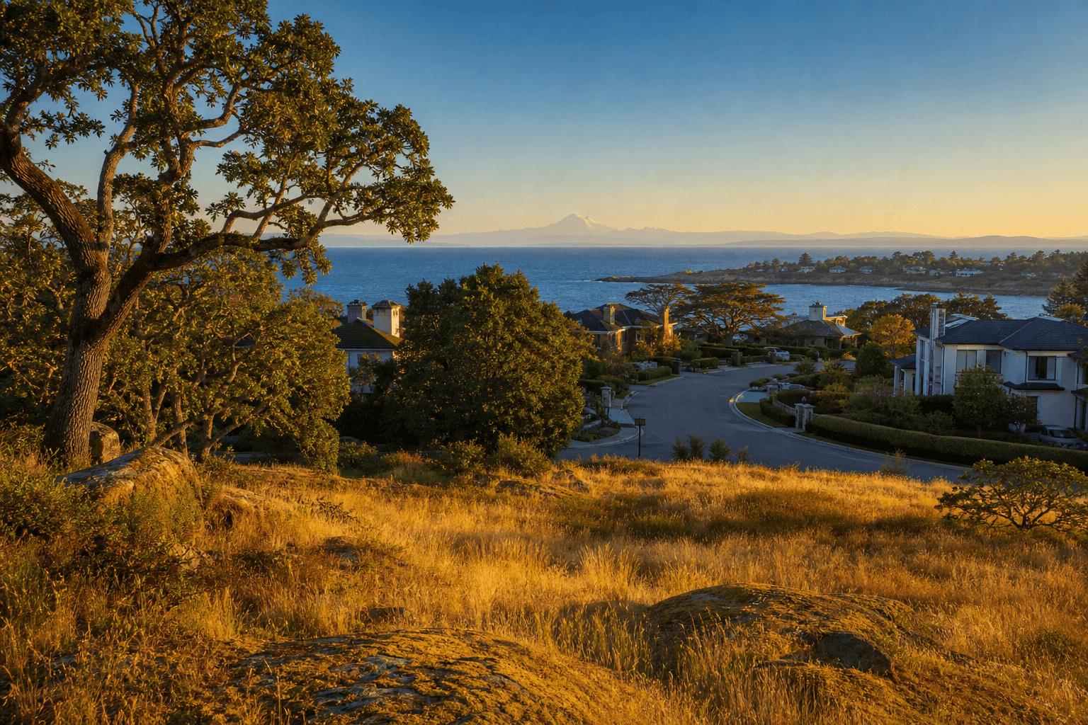 Garry oak meadow and Oak Bay coastline at Uplands, Greater Victoria British Columbia
